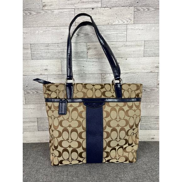 COACH SIGNATURE Navy Stripe Brown C Pattern Canvas Shoulder BAG Purse Handbag - Picture 1 of 12
